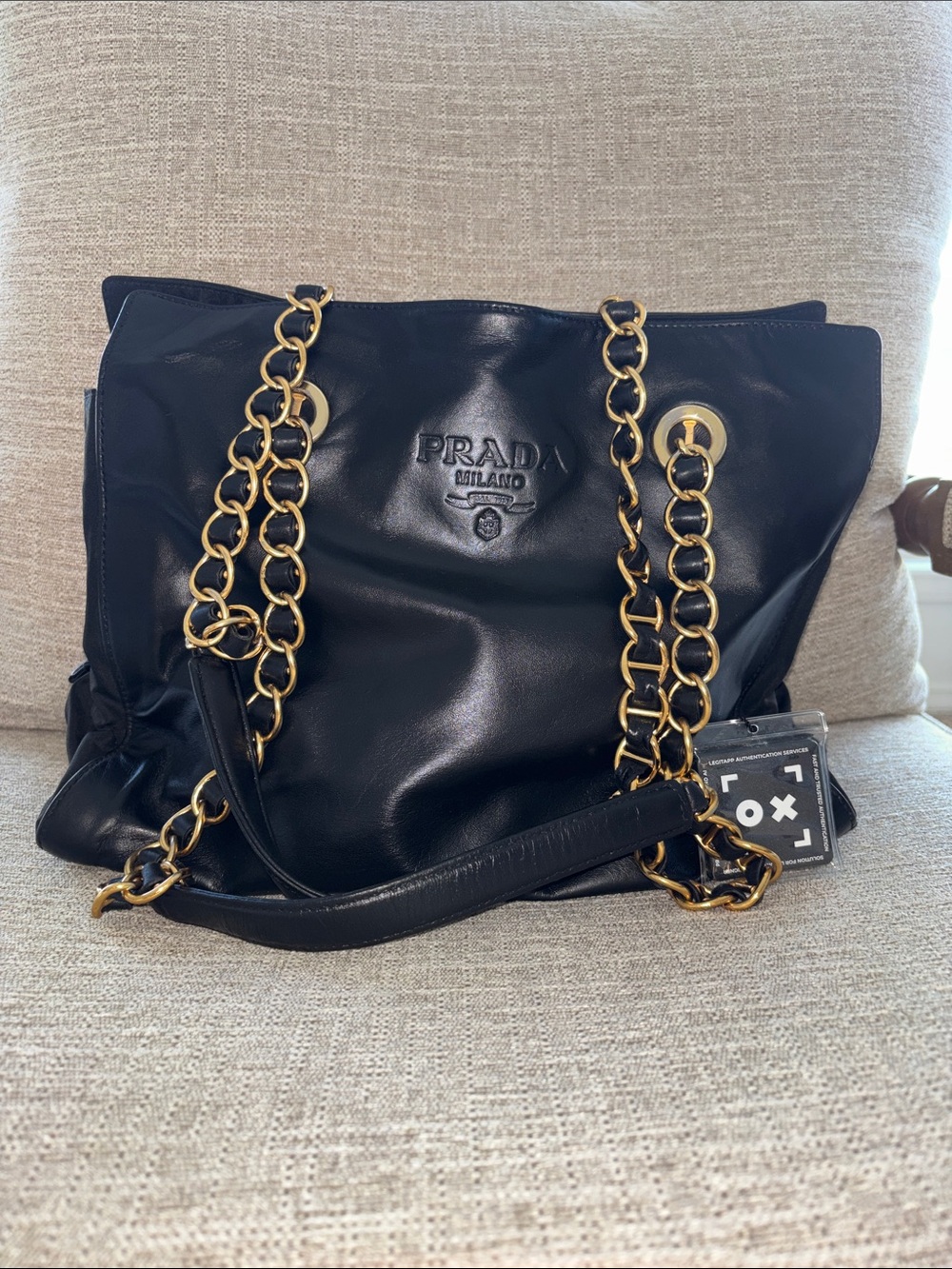 Prada Black Leather Shoulder Bag with Gold Chain Straps